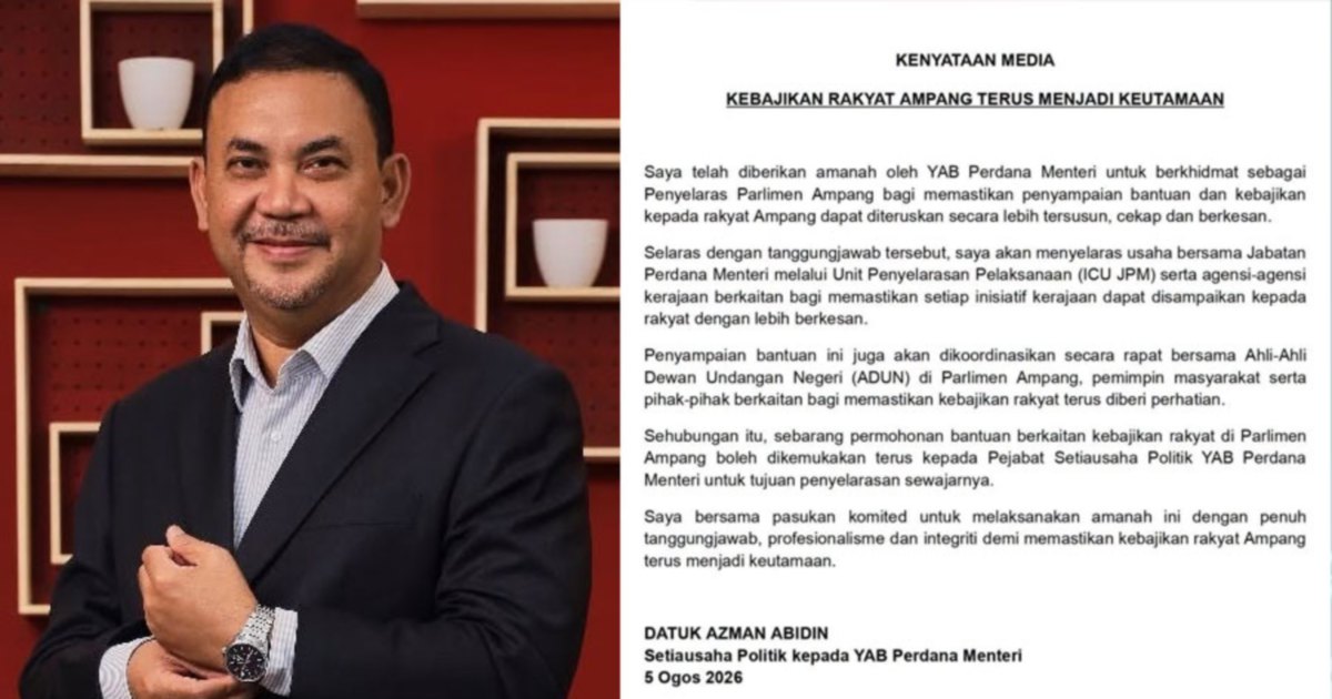 PM's Office Appoints Political Secretary as Ampang Parliamentary Coordinator Following MP's Fund Suspension