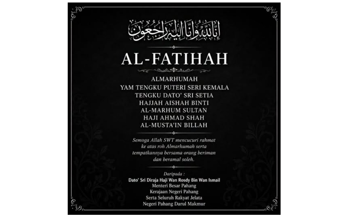 Pahang Menteri Besar Offers Condolences for Sultan's Sister